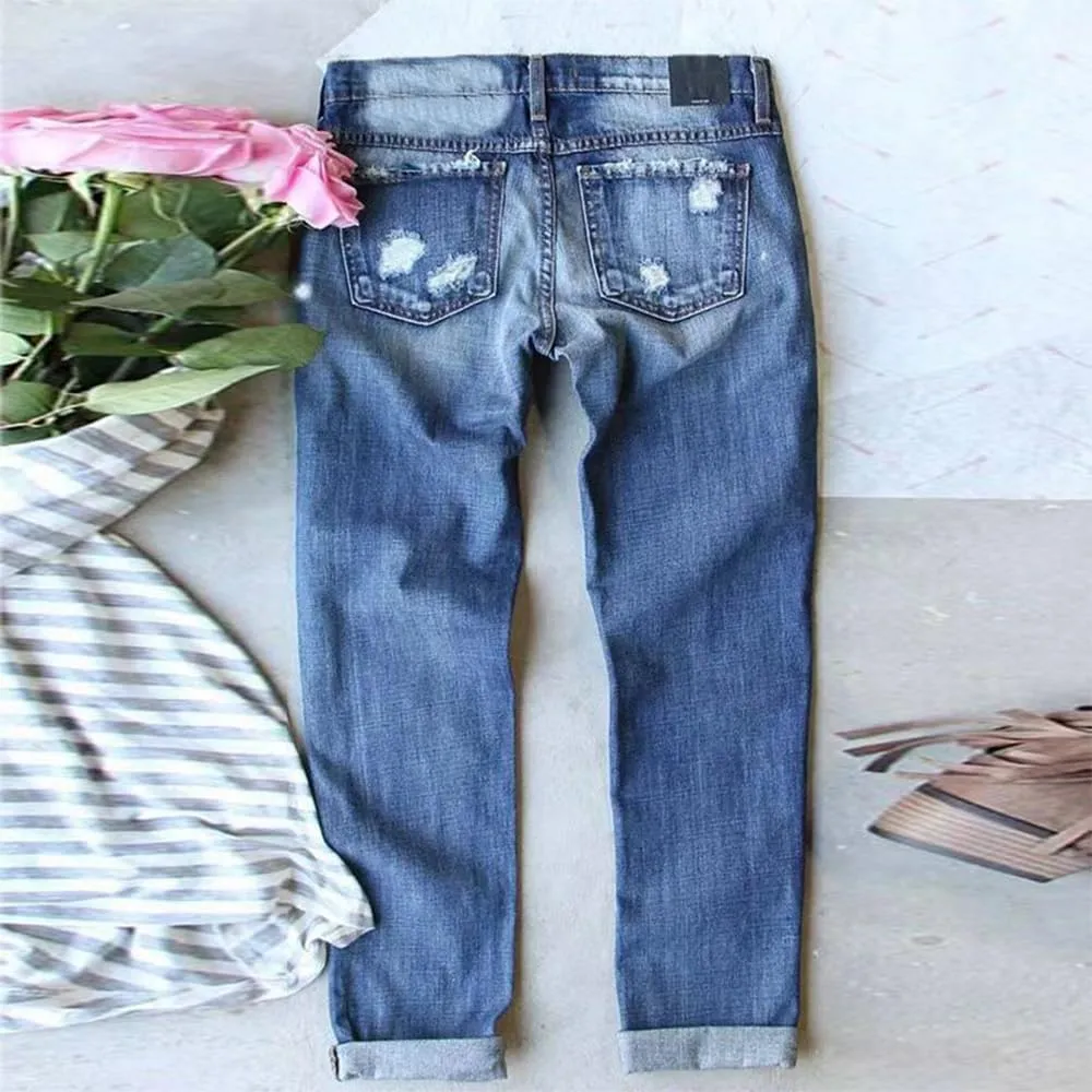 Women Distressed Ripped Jeans Raw Hem Washed Boyfriend Jeans Plaid Patch Straight Leg Denim Pants Stretch Skinny Jean