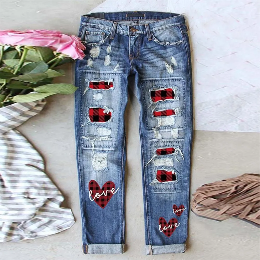 Women Distressed Ripped Jeans Raw Hem Washed Boyfriend Jeans Plaid Patch Straight Leg Denim Pants Stretch Skinny Jean