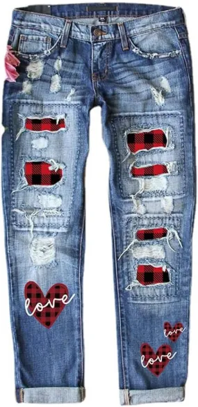 Women Distressed Ripped Jeans Raw Hem Washed Boyfriend Jeans Plaid Patch Straight Leg Denim Pants Stretch Skinny Jean