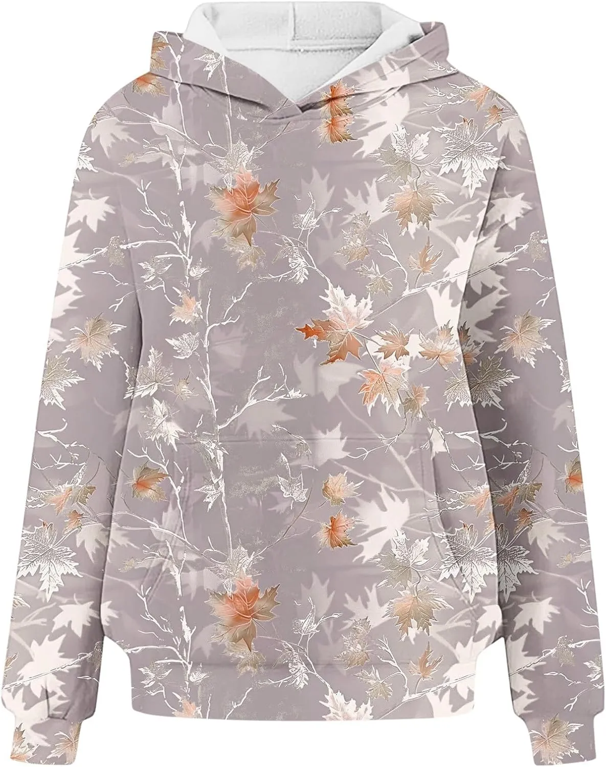 Women Vintage Camo Hoodie Maple Leaf Print Winter Fleece Sweatshirt Casual Long Sleeve Pullover with Kangaroo Pocket