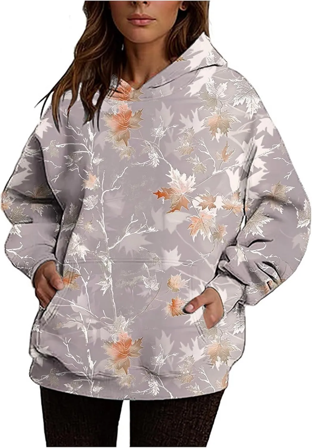 Women Vintage Camo Hoodie Maple Leaf Print Winter Fleece Sweatshirt Casual Long Sleeve Pullover with Kangaroo Pocket