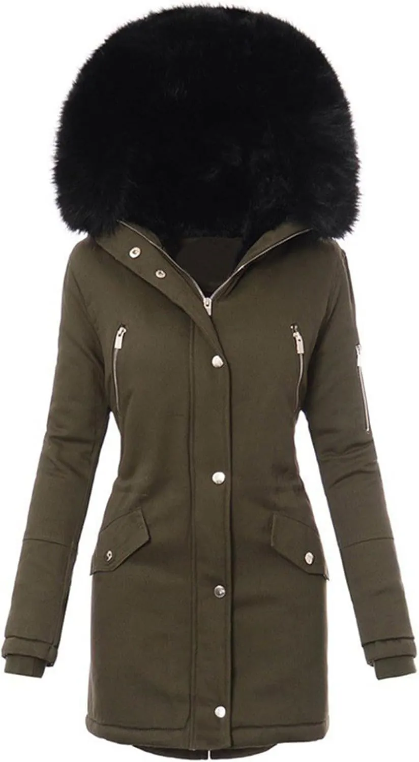 Women Winter Warm Coats with Faux Fur Hood Zip Snap Long Parka Jacket Long Sleeve Pockets Outerwear Puffer Down Coat