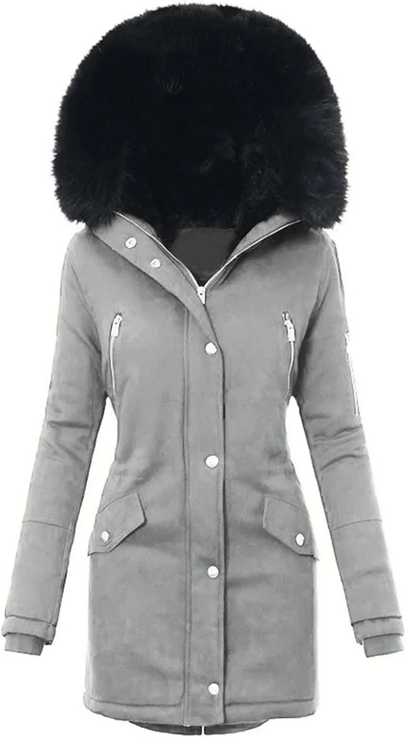 Women Winter Warm Coats with Faux Fur Hood Zip Snap Long Parka Jacket Long Sleeve Pockets Outerwear Puffer Down Coat