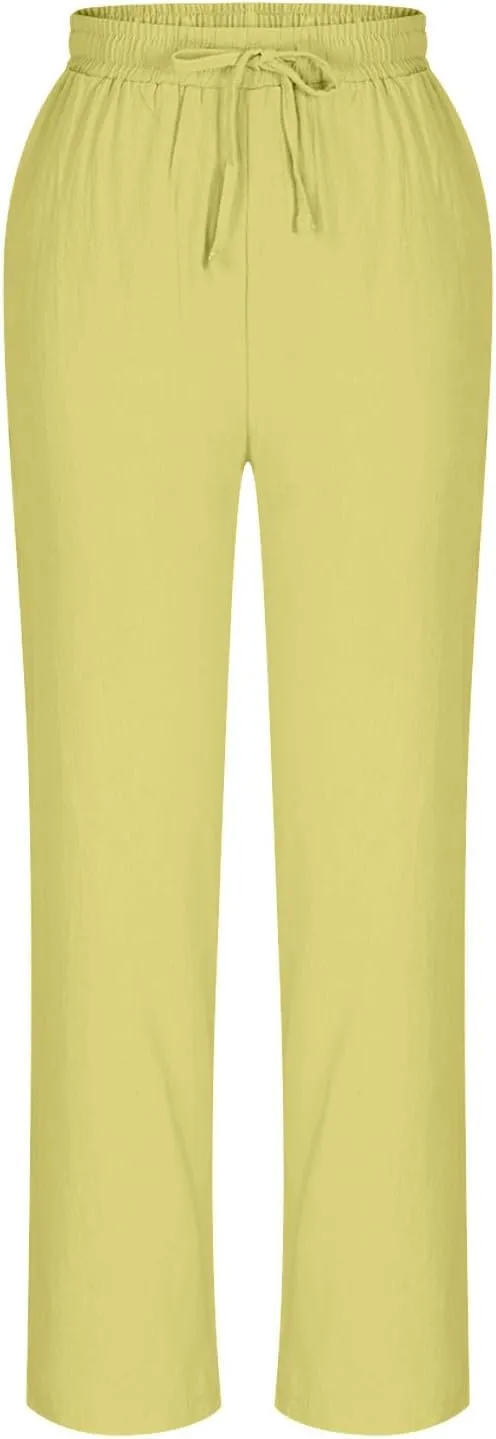Womens Cotton Linen Pant Straight Leg Cropped Trousers Lightweight Slim Fit Elastic Waist Drawstring Slacks