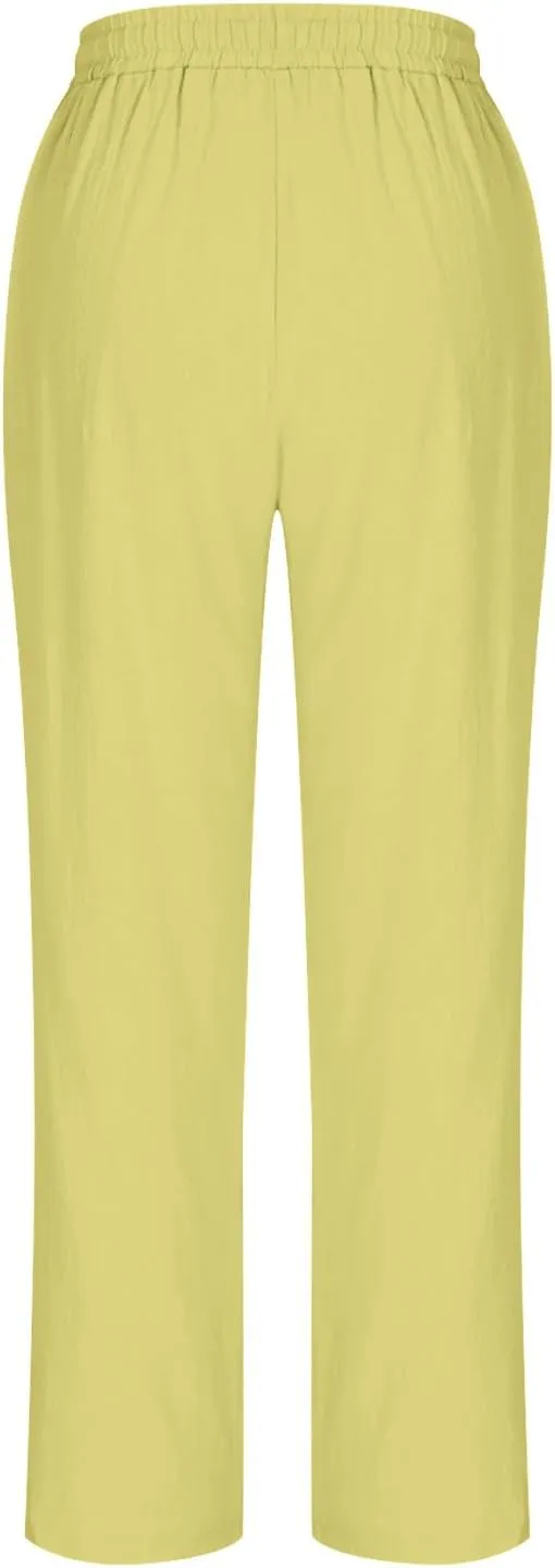 Womens Cotton Linen Pant Straight Leg Cropped Trousers Lightweight Slim Fit Elastic Waist Drawstring Slacks