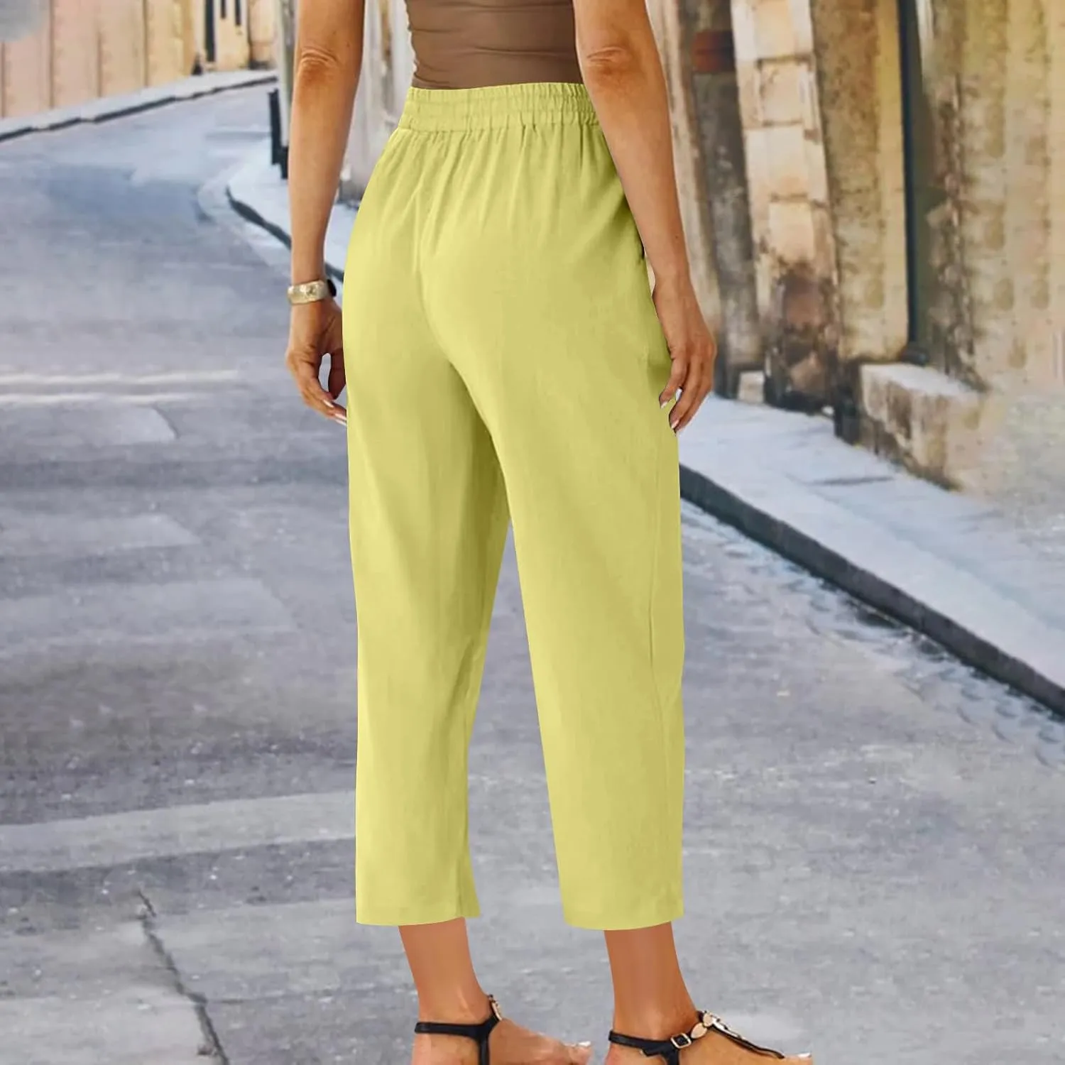 Womens Cotton Linen Pant Straight Leg Cropped Trousers Lightweight Slim Fit Elastic Waist Drawstring Slacks