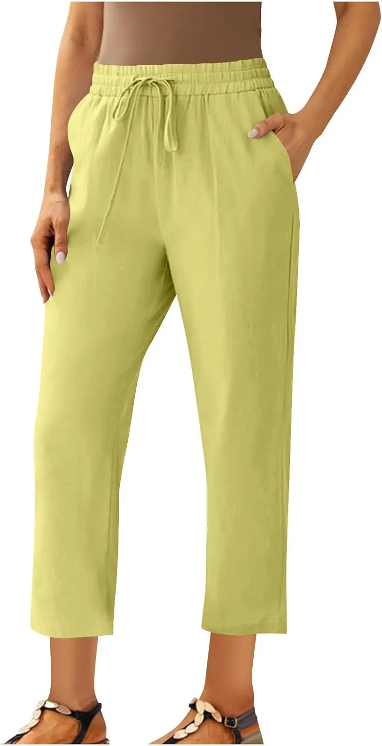 Womens Cotton Linen Pant Straight Leg Cropped Trousers Lightweight Slim Fit Elastic Waist Drawstring Slacks