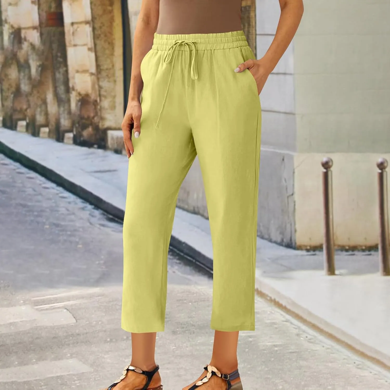Womens Cotton Linen Pant Straight Leg Cropped Trousers Lightweight Slim Fit Elastic Waist Drawstring Slacks