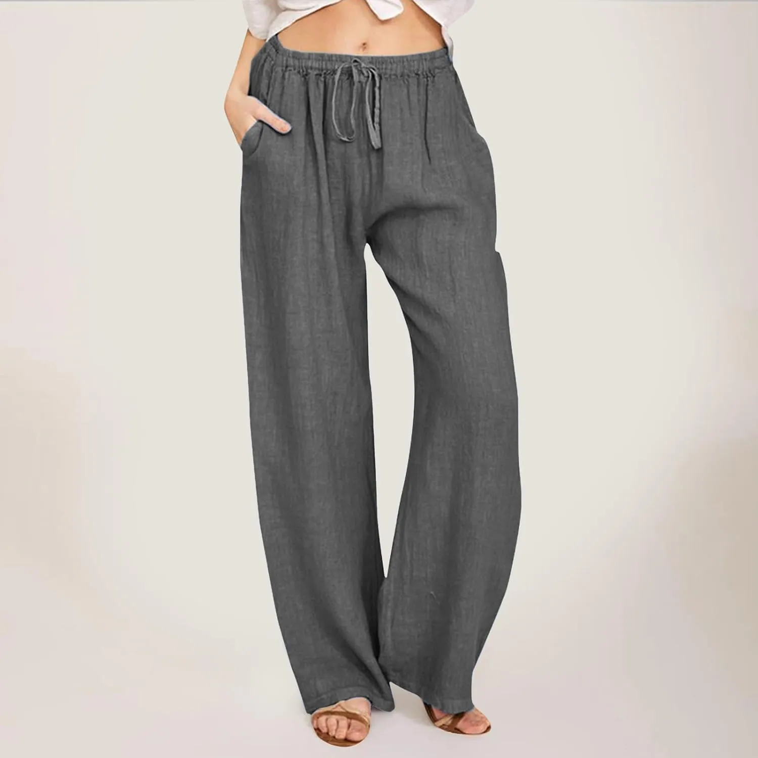 Womens Cotton Linen Summer Loose Flowy Pants Elastic Waisted Lounge Pants Slim-Fit Palazzo Pants Beach