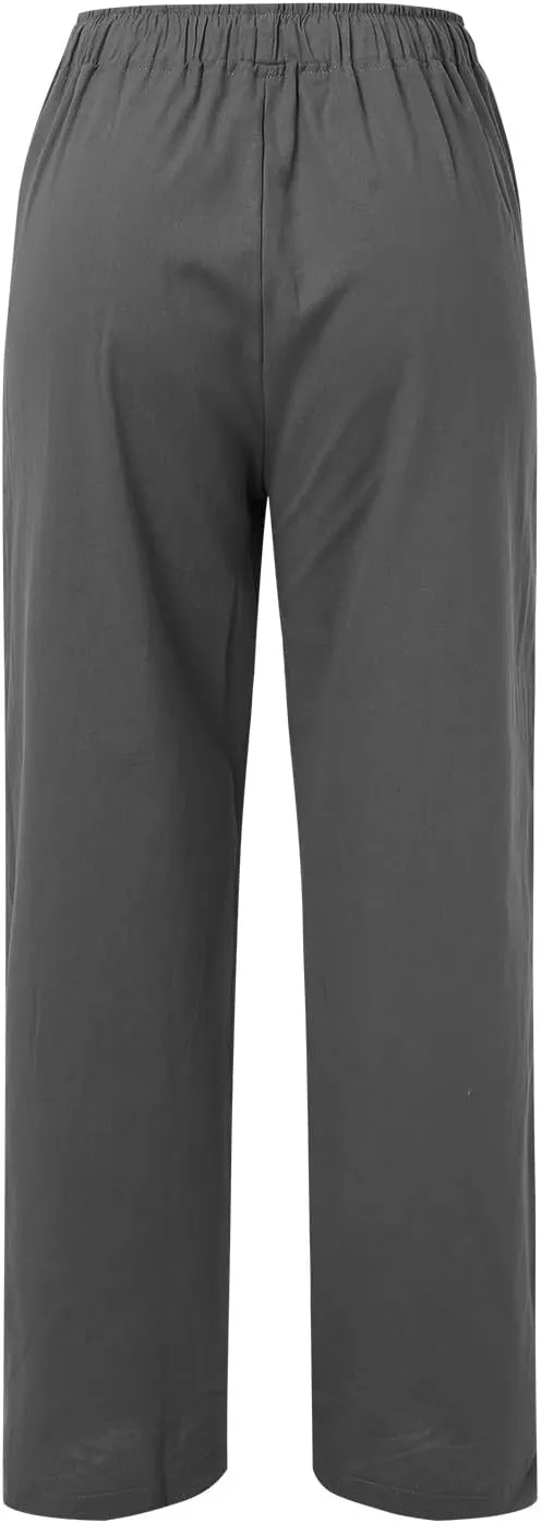Womens Cotton Linen Summer Loose Flowy Pants Elastic Waisted Lounge Pants Slim-Fit Palazzo Pants Beach