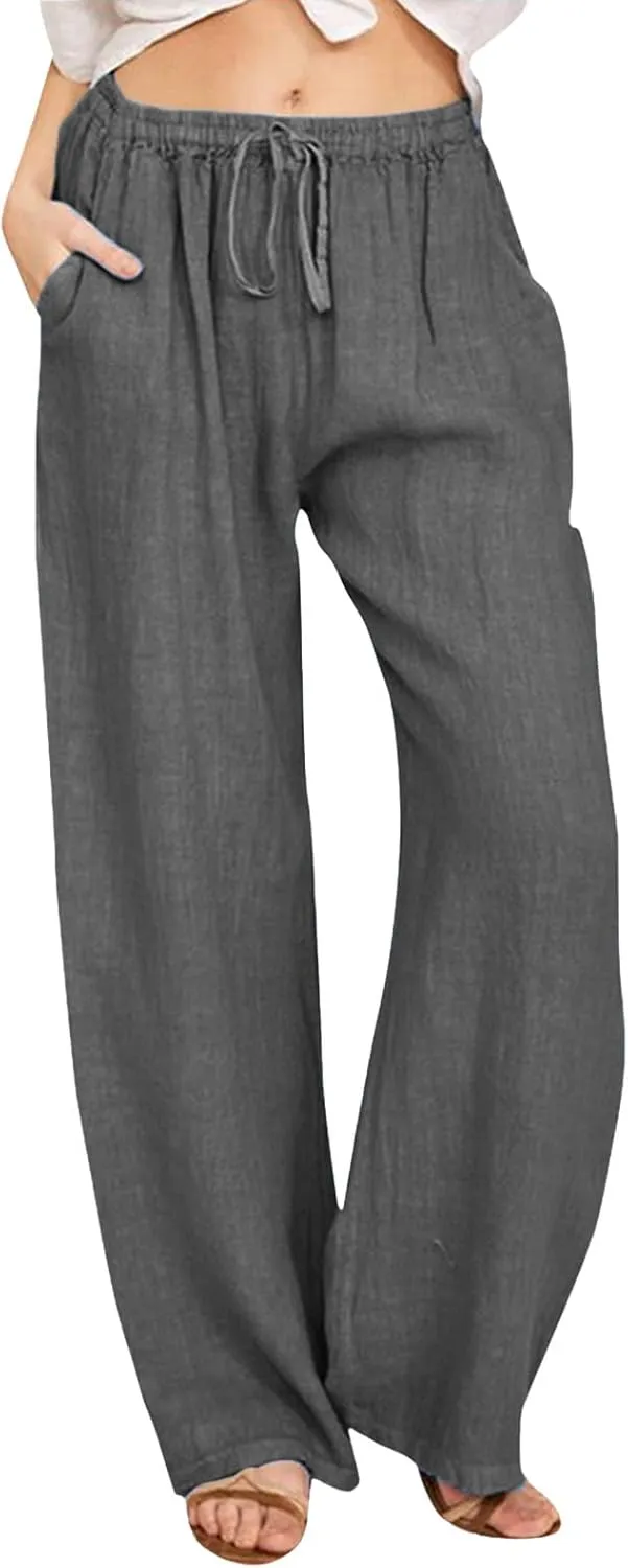 Womens Cotton Linen Summer Loose Flowy Pants Elastic Waisted Lounge Pants Slim-Fit Palazzo Pants Beach