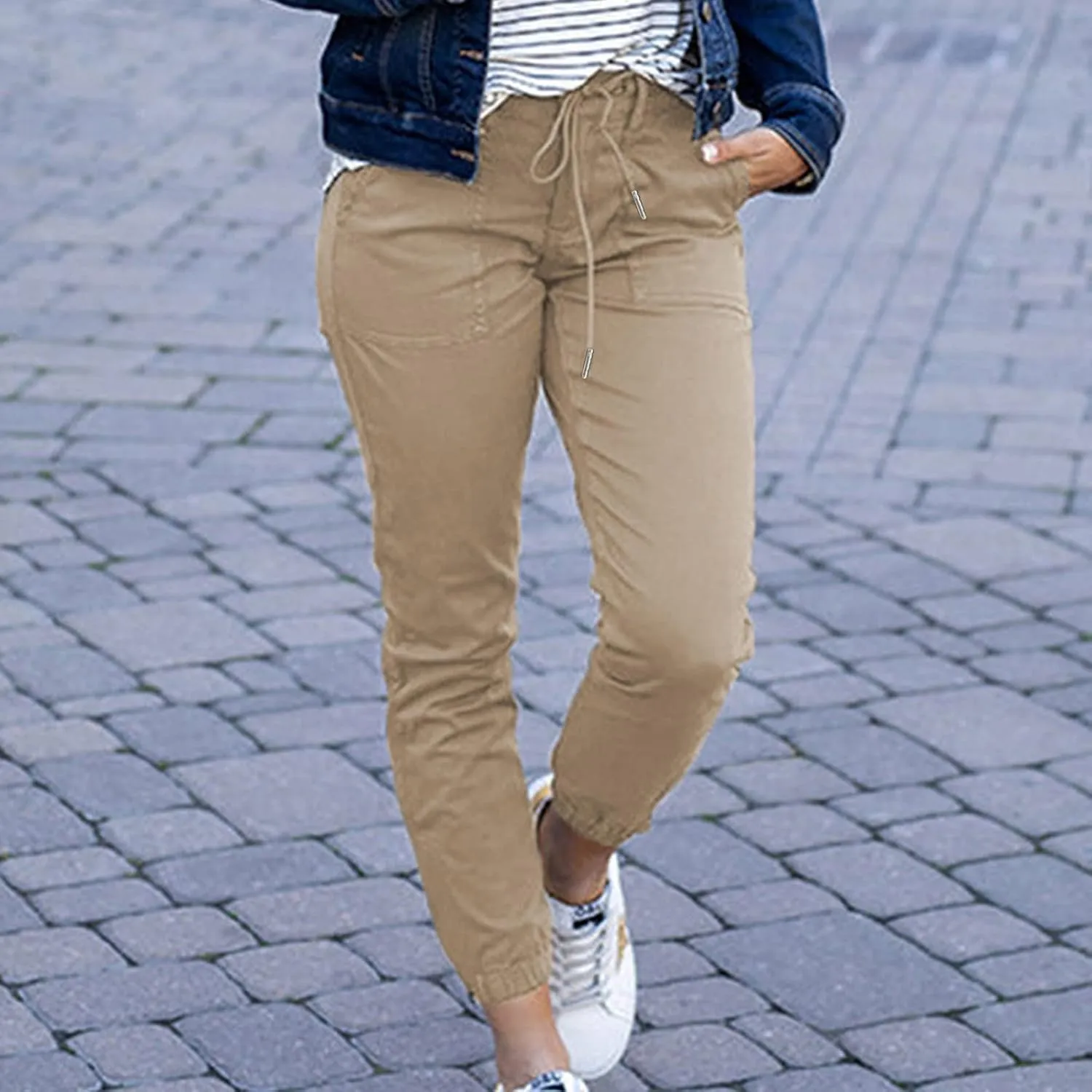Womens Dressy Casual Slim Fit Tapered Cargo Pants Skinny High Waist Lightweight Pull On Pants with Pockets for Work