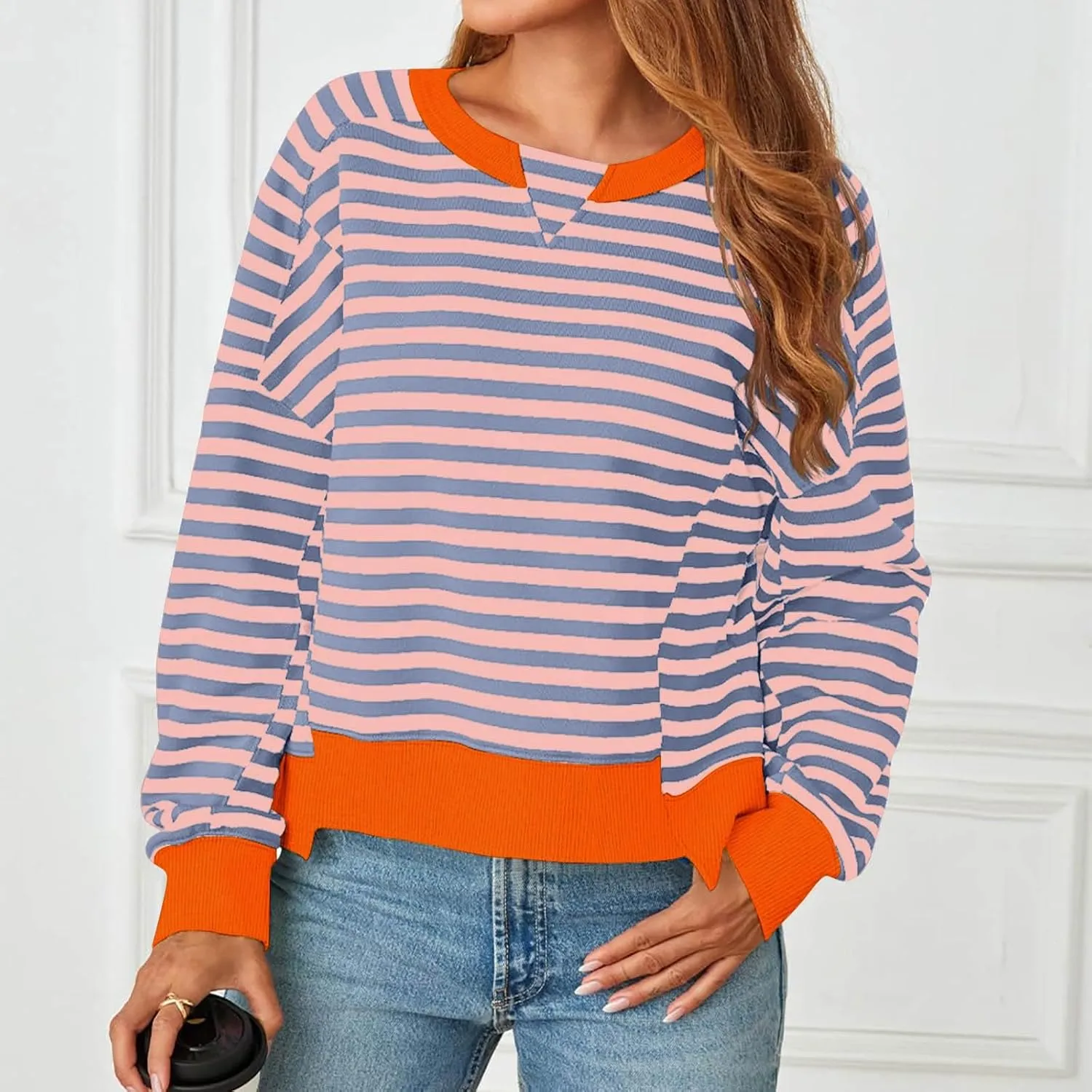 Womens Striped Cropped Sweatshirt Casual Long Sleeve Pullover Shirts Color Block Trendy Fall Clothing Cute Tunic Tops