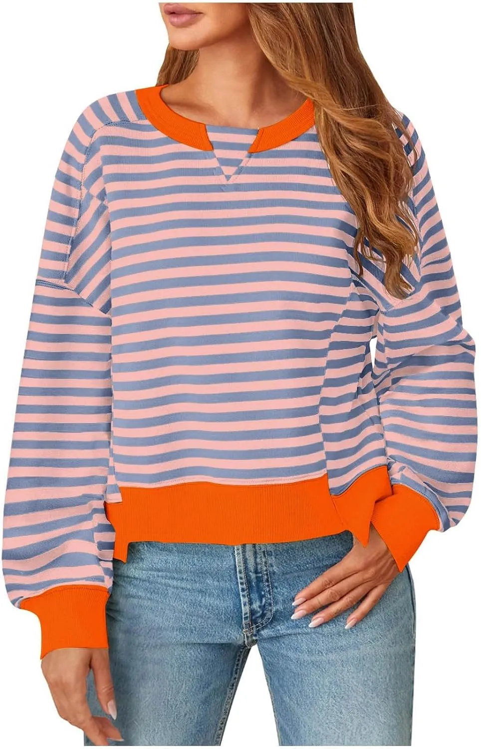 Womens Striped Cropped Sweatshirt Casual Long Sleeve Pullover Shirts Color Block Trendy Fall Clothing Cute Tunic Tops