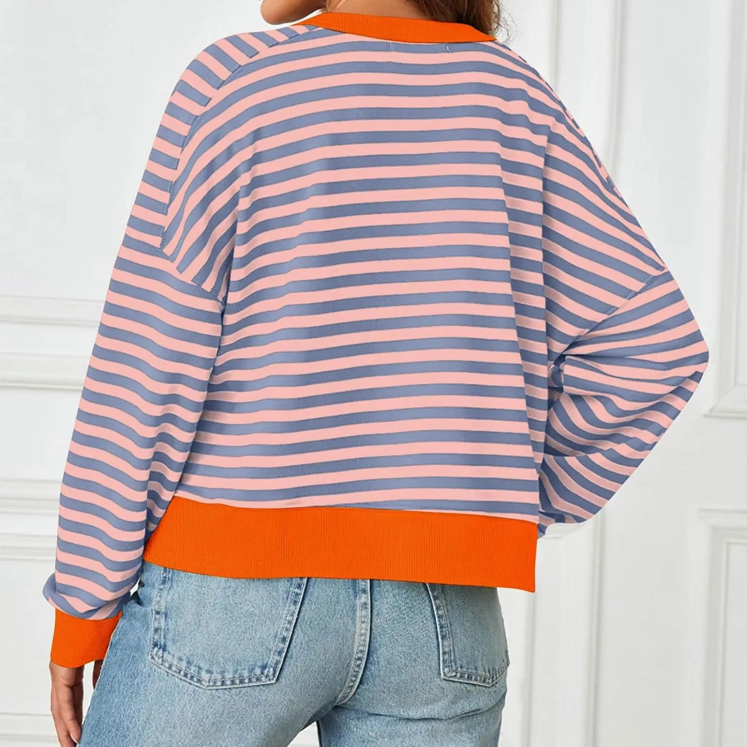 Womens Striped Cropped Sweatshirt Casual Long Sleeve Pullover Shirts Color Block Trendy Fall Clothing Cute Tunic Tops