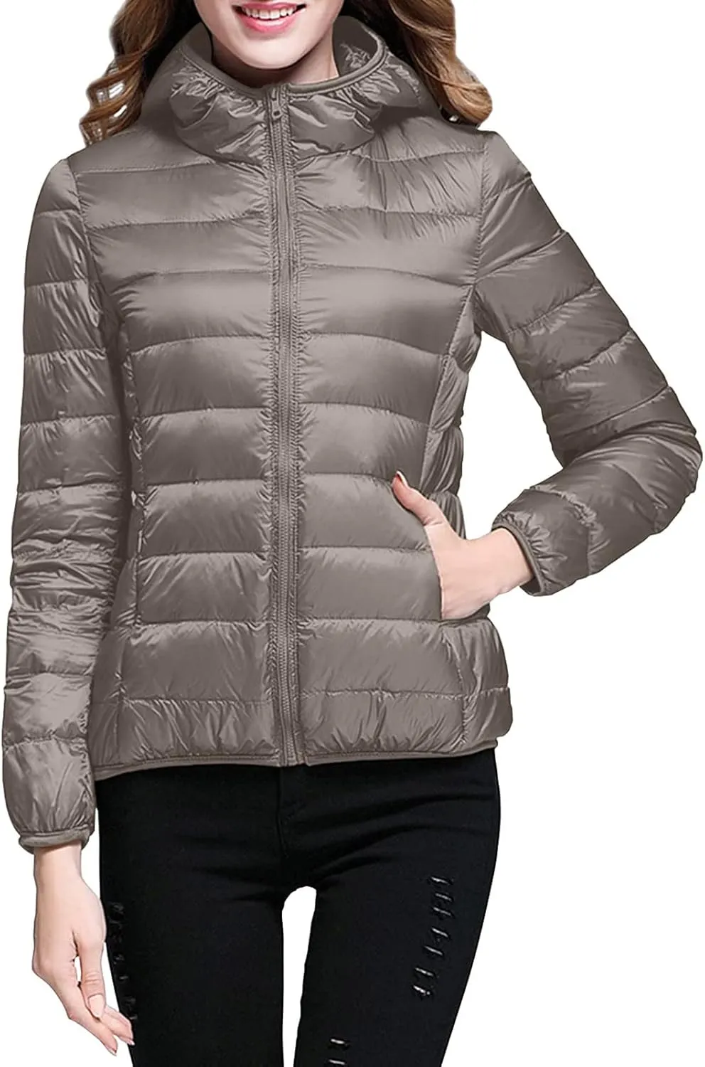 Womens Winter Quilted Jacket Slim Fit Short Down Jacket Cropped Warm Zip Puffer Coat Hooded Padded Puffer Coat